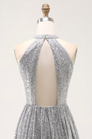 Load image into Gallery viewer, Sparkly Silver Halter Short Sequin Cocktail Dress with Keyhole