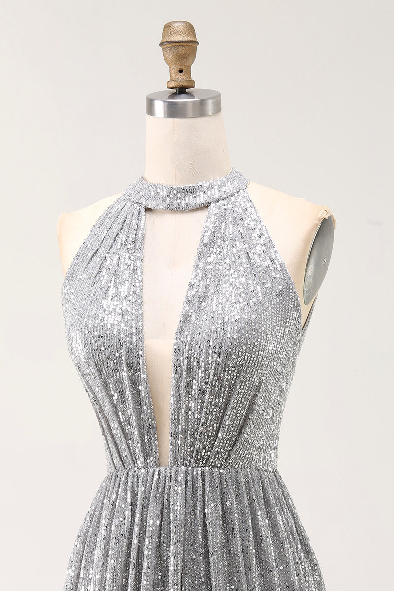 Load image into Gallery viewer, Sparkly Silver Halter Short Sequin Cocktail Dress with Keyhole