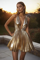 Load image into Gallery viewer, Sparkly Gold A Line Deep V-Neck Short Metallic Cocktail Dress