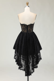 Black Sweetheart High-Low Lace Cocktail Dress with Ruffles