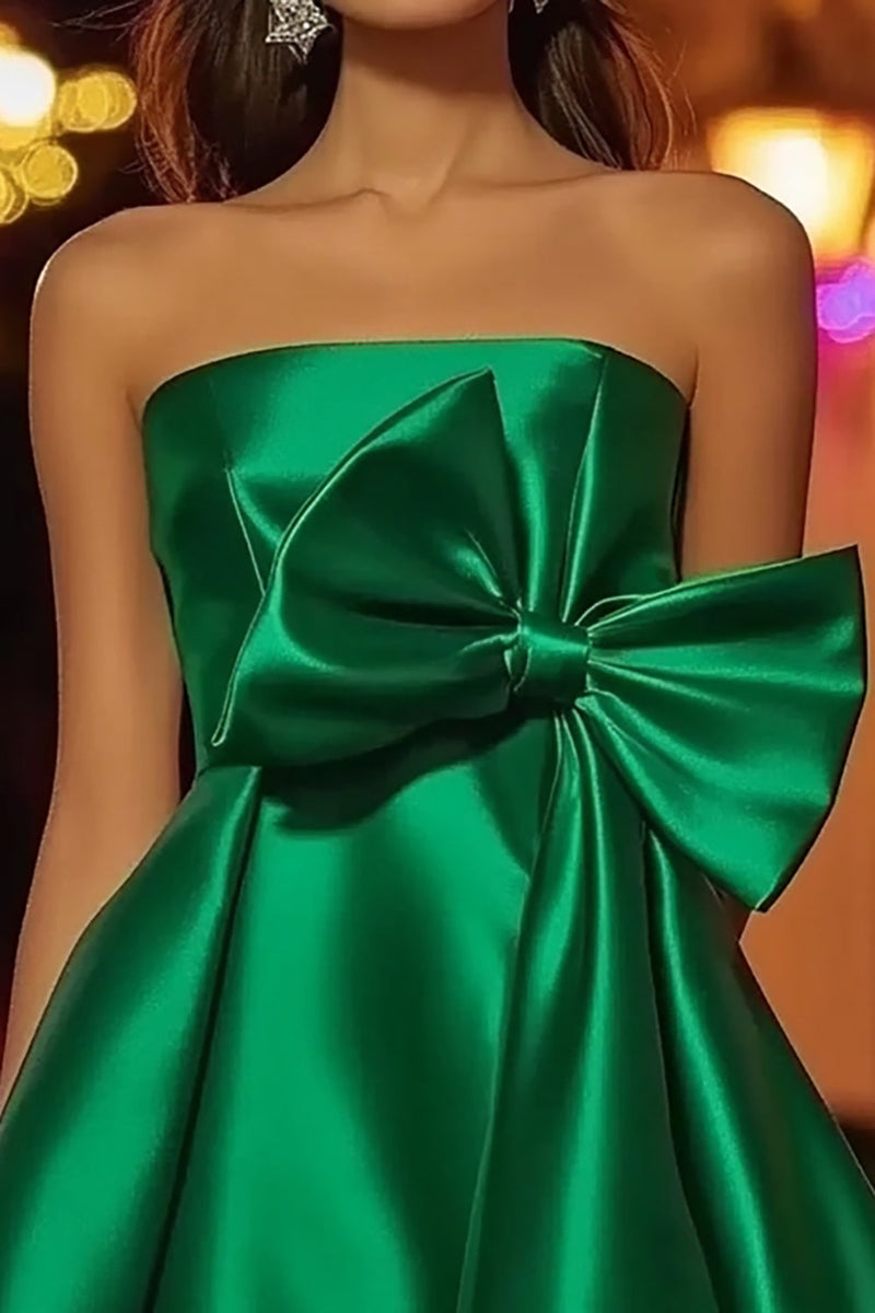 Load image into Gallery viewer, Green Strapless Satin Short Prom Dress with Bow