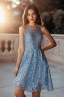 Load image into Gallery viewer, Women Sparkly Blue Sequin Short Cocktail Dress A Line Round Neck Prom Dress