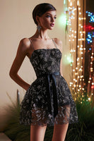 Load image into Gallery viewer, Black Lace Spaghetti Straps Short Prom Dress with Sash
