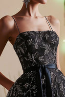 Load image into Gallery viewer, Black Lace Spaghetti Straps Short Prom Dress with Sash