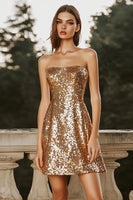 Load image into Gallery viewer, Women Sparkly Gold Sequin Short Cocktail Dress A Line Strapless Prom Dress