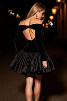 Load image into Gallery viewer, Black Velvet Off the Shoulder Short Prom Dress with Sleeves