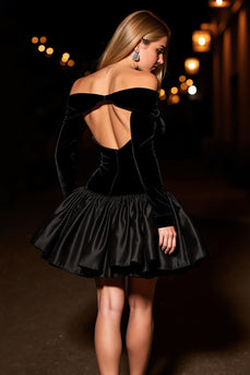 Black Velvet Off the Shoulder Short Prom Dress with Sleeves