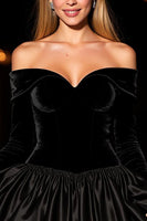 Load image into Gallery viewer, Black Velvet Off the Shoulder Short Prom Dress with Sleeves