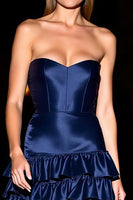 Load image into Gallery viewer, Navy Satin Strapless Corset Short Prom Dress with Ruffles