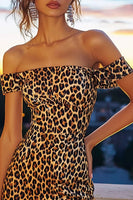 Load image into Gallery viewer, Khaki Leopard Print Off the Shoulder Bodycon Short Cocktail Dress