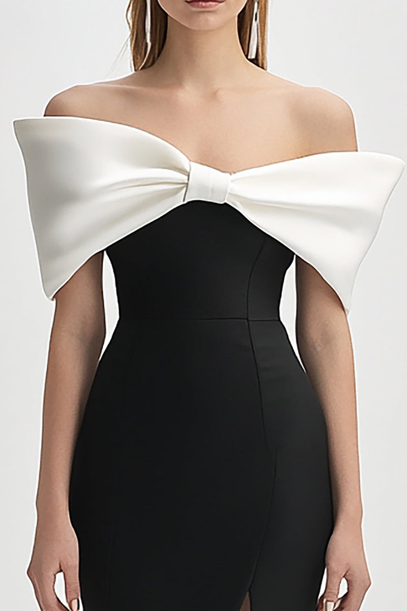 Load image into Gallery viewer, Black and White Strapless Bodycon Short Cocktail Dress with Bow