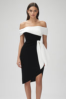 Load image into Gallery viewer, Black and White Patchwork Off the Shoulder Short Cocktail Dress with Ruffles