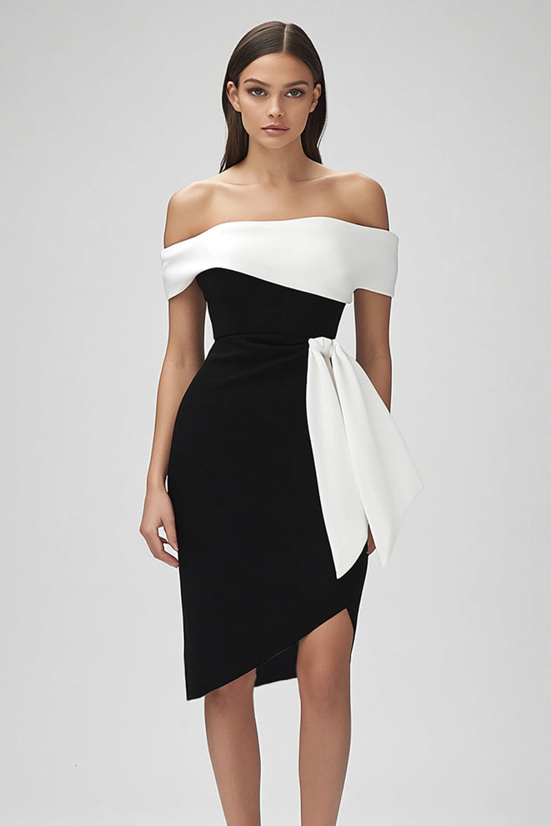 Load image into Gallery viewer, Black and White Patchwork Off the Shoulder Short Cocktail Dress with Ruffles