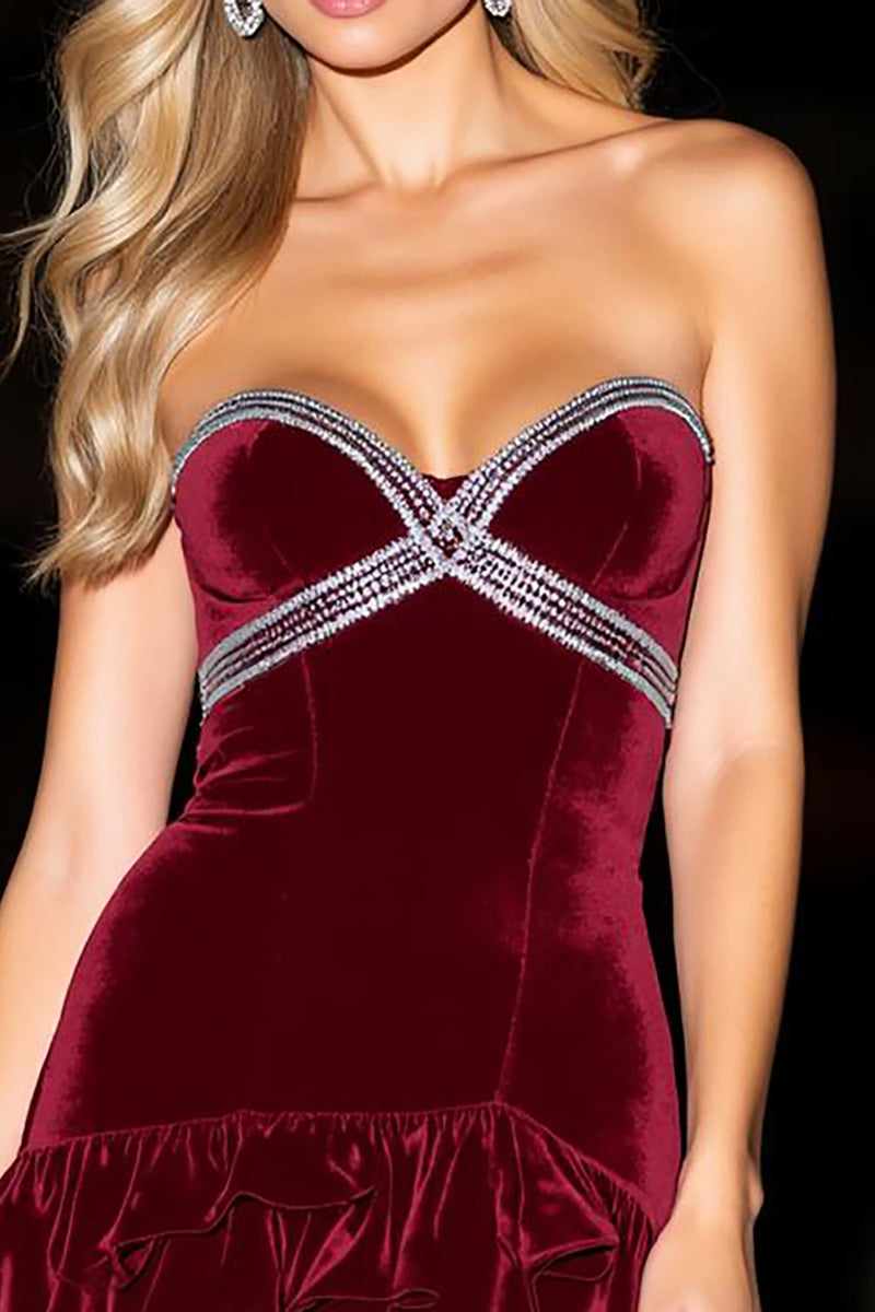 Load image into Gallery viewer, Sparkly Burgundy Velvet Ruffled Short Prom Dress with Rhinestones