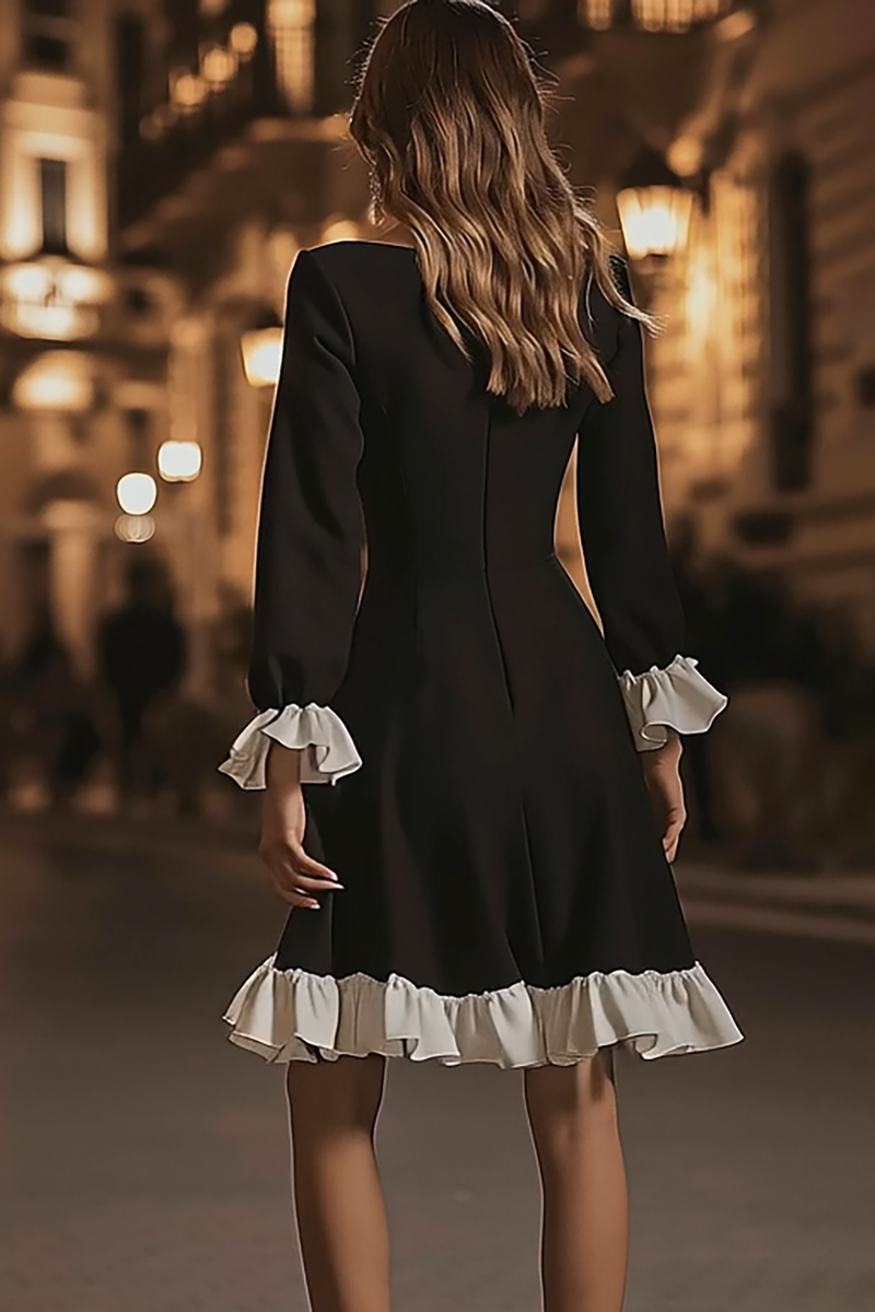 Load image into Gallery viewer, Black and White Ruffled A Line Short Cocktail Dress with Sleeves