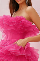 Load image into Gallery viewer, Fuchsia Strapless Tulle Tiered Short Prom Dress with Ruffles