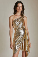 Load image into Gallery viewer, Sparkly Gold One Shoulder Metallic Short Prom Dress with Slit