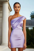 Load image into Gallery viewer, Lilac One Shoulder Short Tight Satin Cocktail Dress