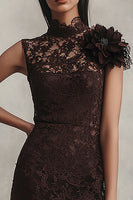 Load image into Gallery viewer, Coffee Lace High Neck Short Tight Cocktail Dress with 3D Flower