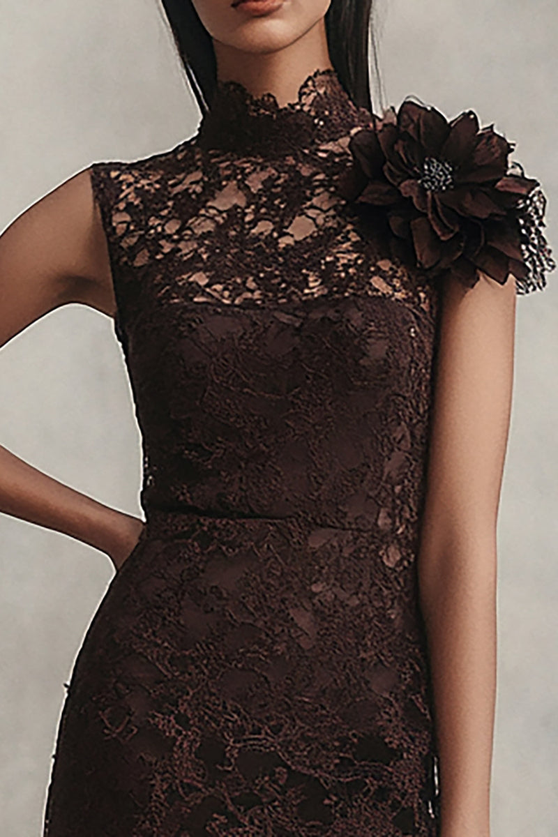 Load image into Gallery viewer, Coffee Lace High Neck Short Tight Cocktail Dress with 3D Flower