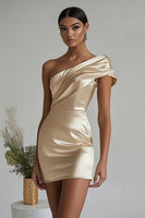 Load image into Gallery viewer, Champagne Satin One Shoulder Tight Short Cocktail Dress