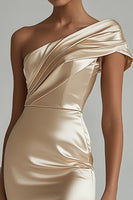 Load image into Gallery viewer, Champagne Satin One Shoulder Tight Short Cocktail Dress