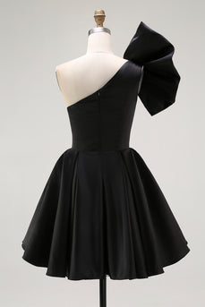 Black Satin A Line Mini Cocktail Dress with Ruffles
