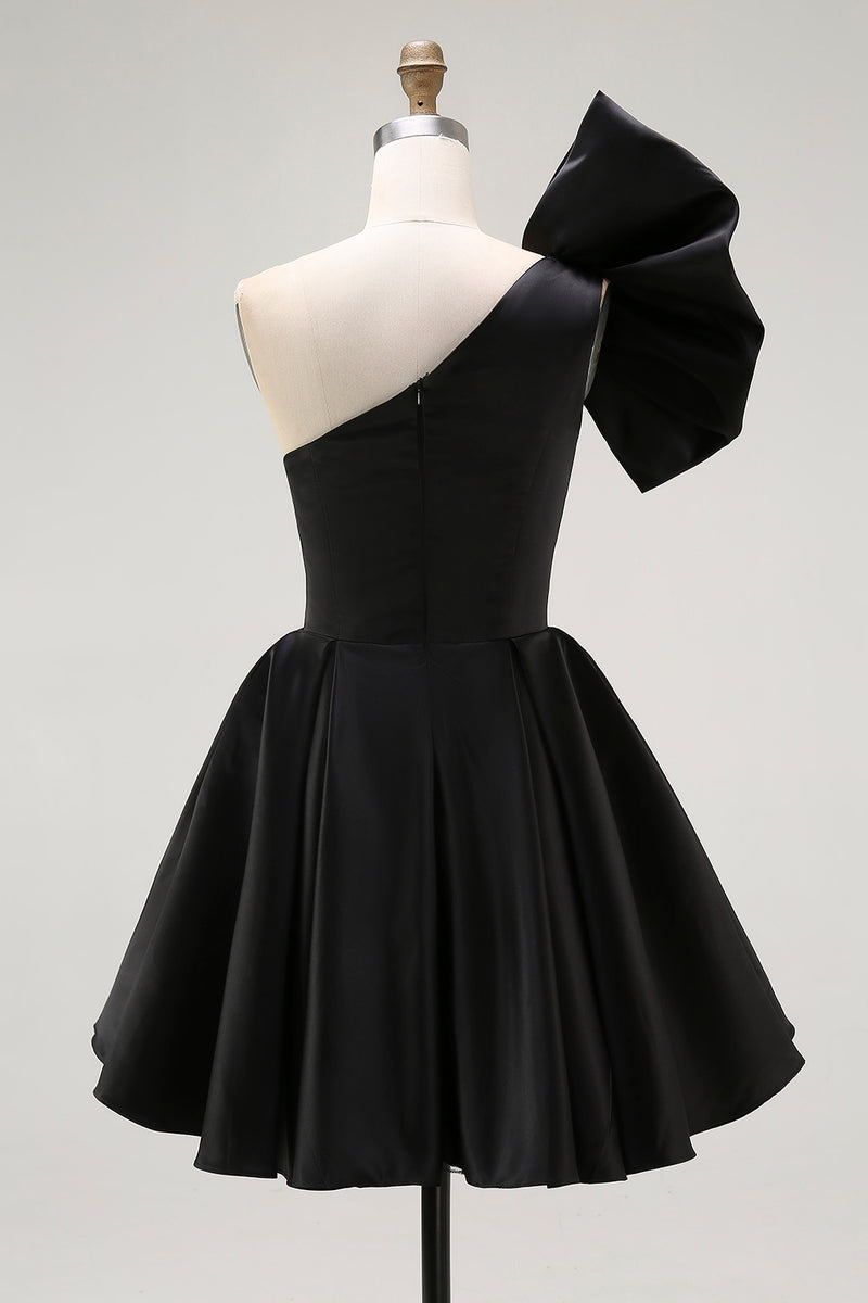 Load image into Gallery viewer, Black Satin A Line Mini Cocktail Dress with Ruffles