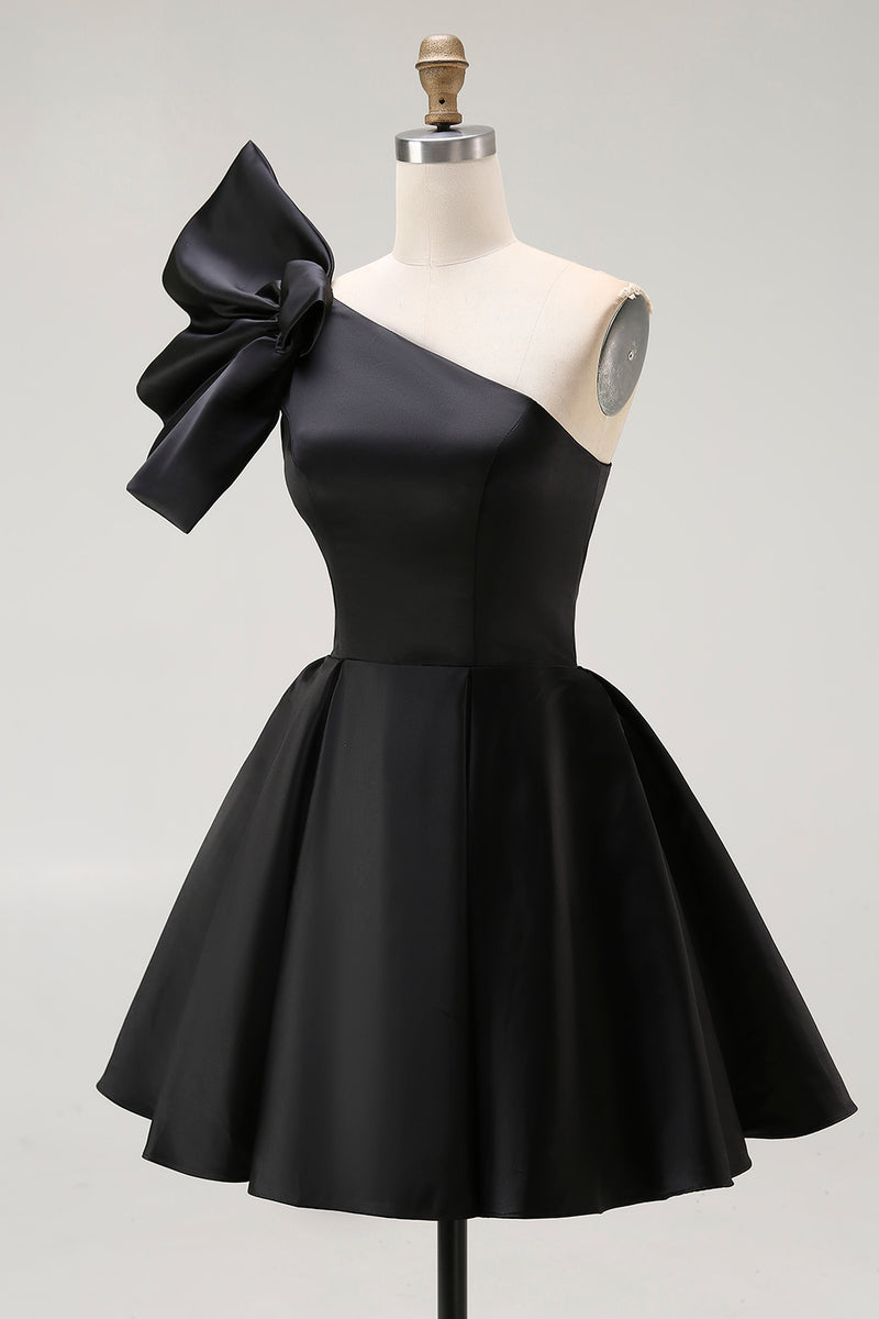 Load image into Gallery viewer, Black Satin A Line Mini Cocktail Dress with Ruffles