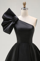 Load image into Gallery viewer, Black Satin A Line Mini Cocktail Dress with Ruffles