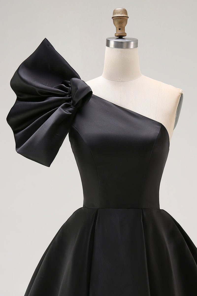 Load image into Gallery viewer, Black Satin A Line Mini Cocktail Dress with Ruffles