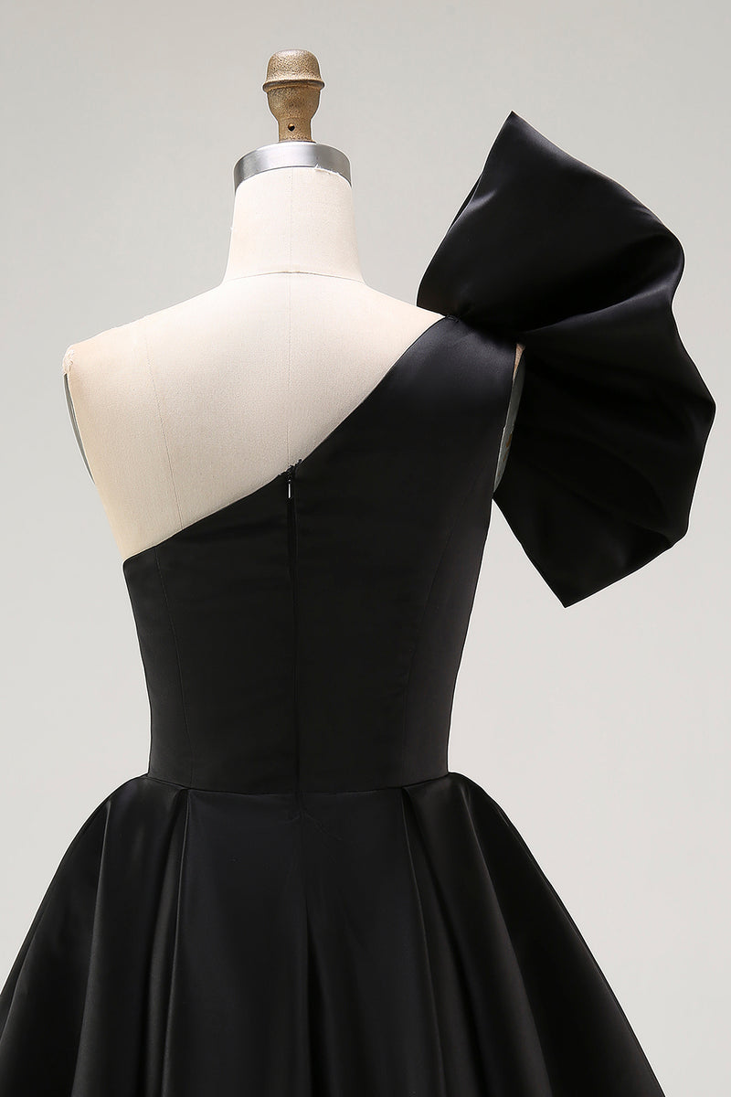 Load image into Gallery viewer, Black Satin A Line Mini Cocktail Dress with Ruffles