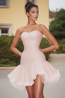 Load image into Gallery viewer, Sparkly Pink Sequins Strapless Short Cocktail Dress with Ruffles