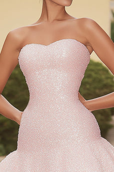 Sparkly Pink Sequins Strapless Short Cocktail Dress with Ruffles