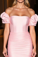 Load image into Gallery viewer, Pink Satin Off the Shoulder Tight Short Cocktail Dress