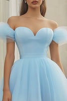 Load image into Gallery viewer, Sky Blue Tulle Off the Shoulder Short Cocktail Dress