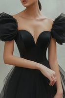 Load image into Gallery viewer, Black A Line Short Tulle Cocktail Dress with Sleeves
