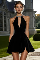 Load image into Gallery viewer, Sparkly Black A Line Keyhole Satin Short Cocktail Dress with Beading