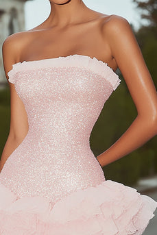 Sparkly Pink Strapless Sequins Short Cocktail Dress with Ruffles