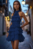 Load image into Gallery viewer, Women Navy Tiered Halter Short Party Dress with Ruffles A Line High Neck Cocktail Dress