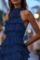 Load image into Gallery viewer, Navy A Line High Neck Short Cocktail Dress with Ruffles