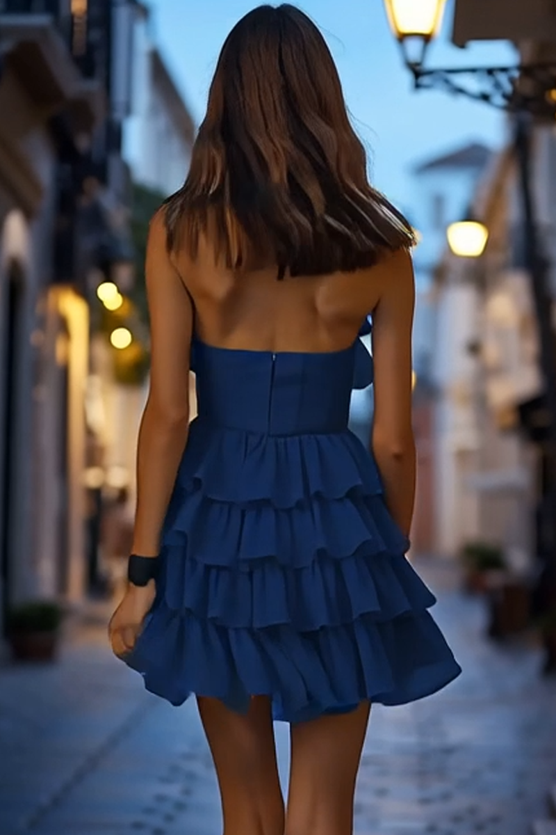 Load image into Gallery viewer, Navy A Line High Neck Short Cocktail Dress with Ruffles
