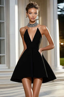 Load image into Gallery viewer, Simple Black A Line Strapless Short Satin Cocktail Dress