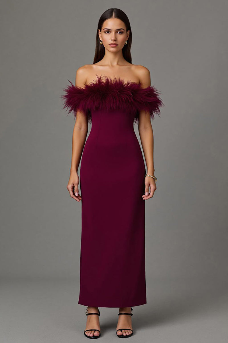Load image into Gallery viewer, Burgundy Sheath Off the Shoulder Long Formal Dress with Feathers