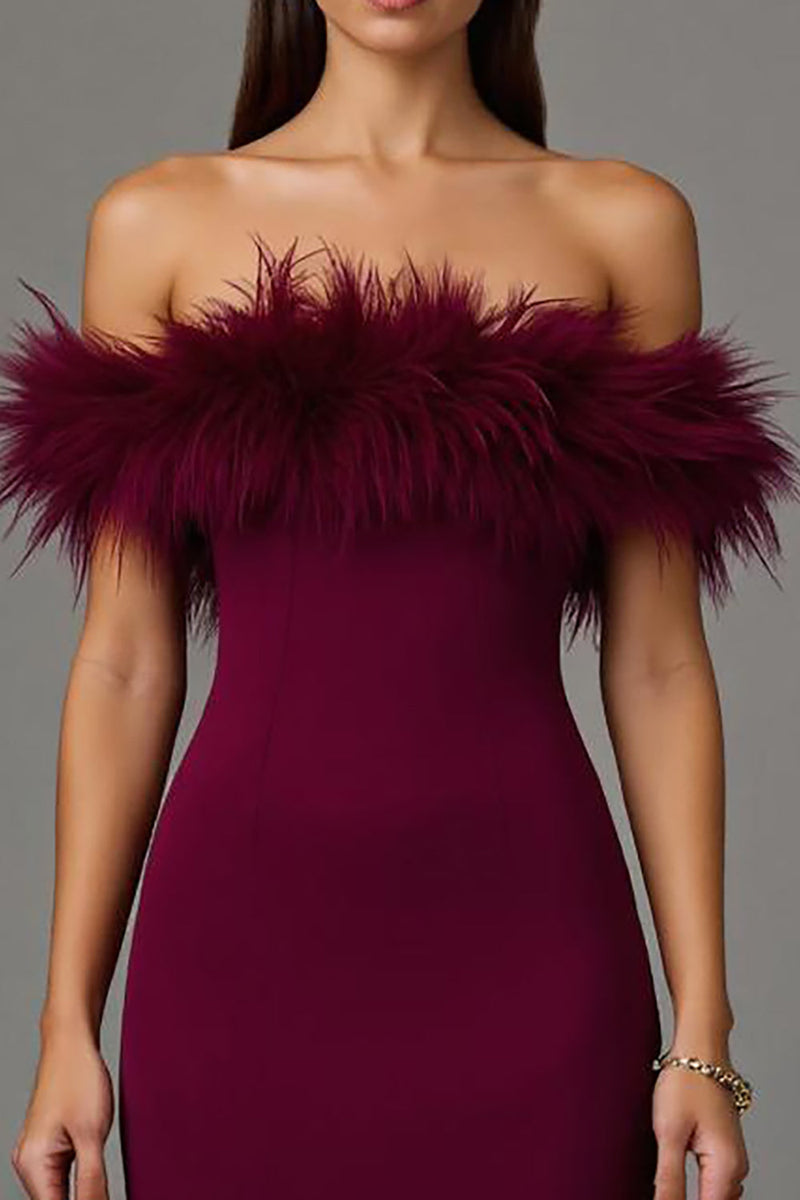 Load image into Gallery viewer, Burgundy Sheath Off the Shoulder Long Formal Dress with Feathers