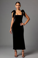 Load image into Gallery viewer, Black Satin Square Neck Sheath Long Formal Dress