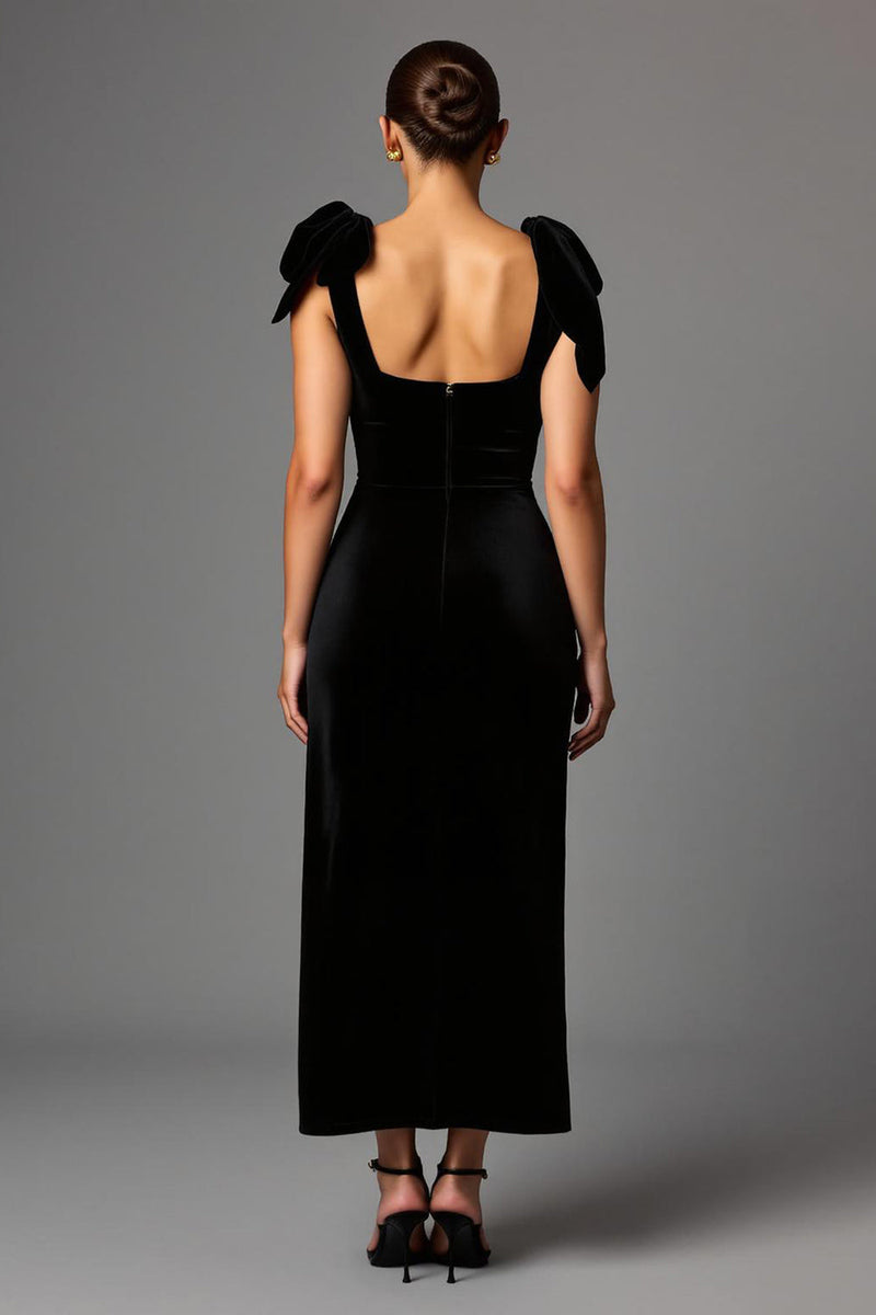 Load image into Gallery viewer, Black Satin Square Neck Sheath Long Formal Dress