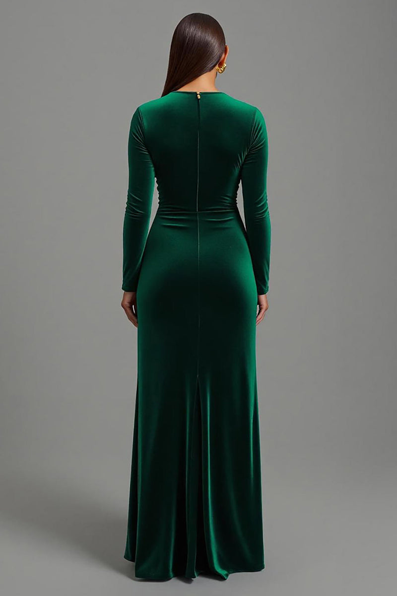 Load image into Gallery viewer, Dark Green Velvet Round Neck Long Holiday Party Dress with Slit