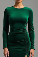 Load image into Gallery viewer, Dark Green Velvet Round Neck Long Holiday Party Dress with Slit