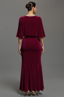Load image into Gallery viewer, Burgundy V-Neck Velvet Long Holiday Party Dress with Sleeves